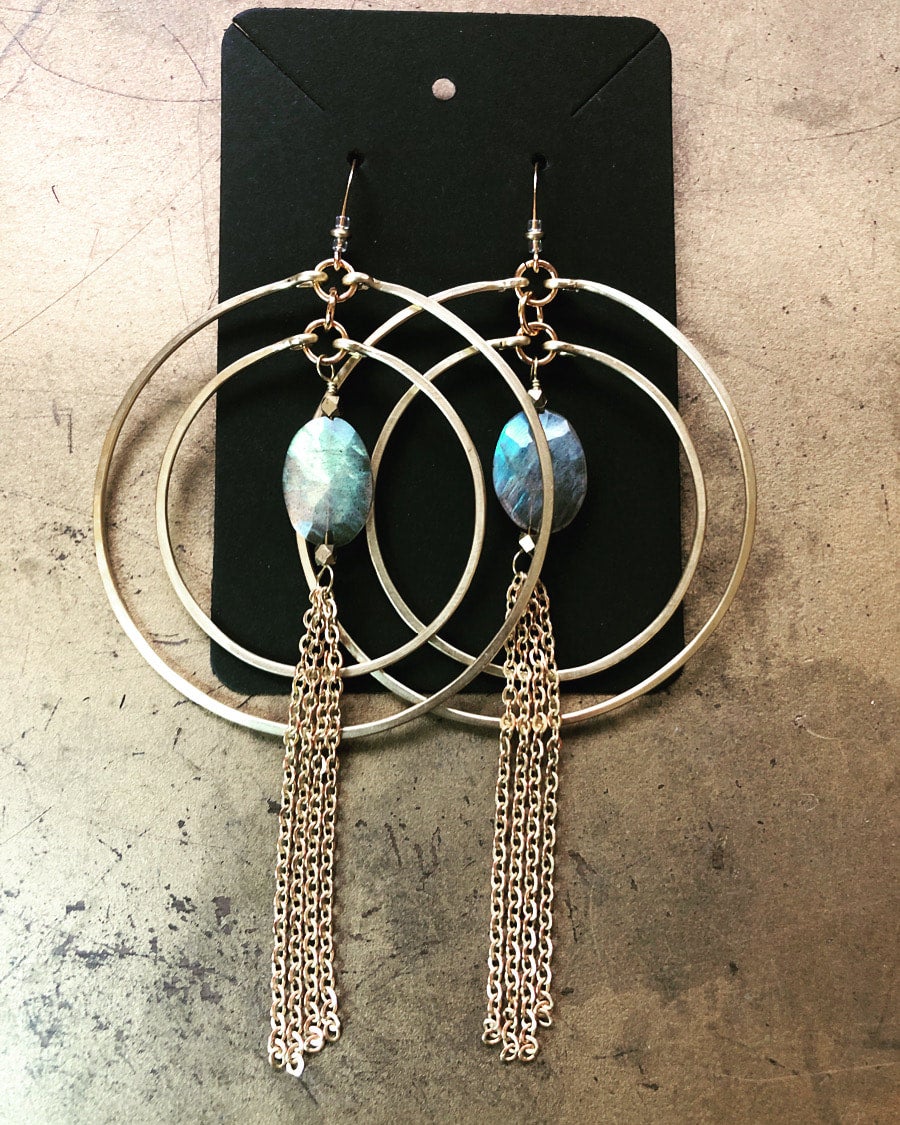 Stunning one of a kind store Labradorite gemstone beaded hoop earrings .